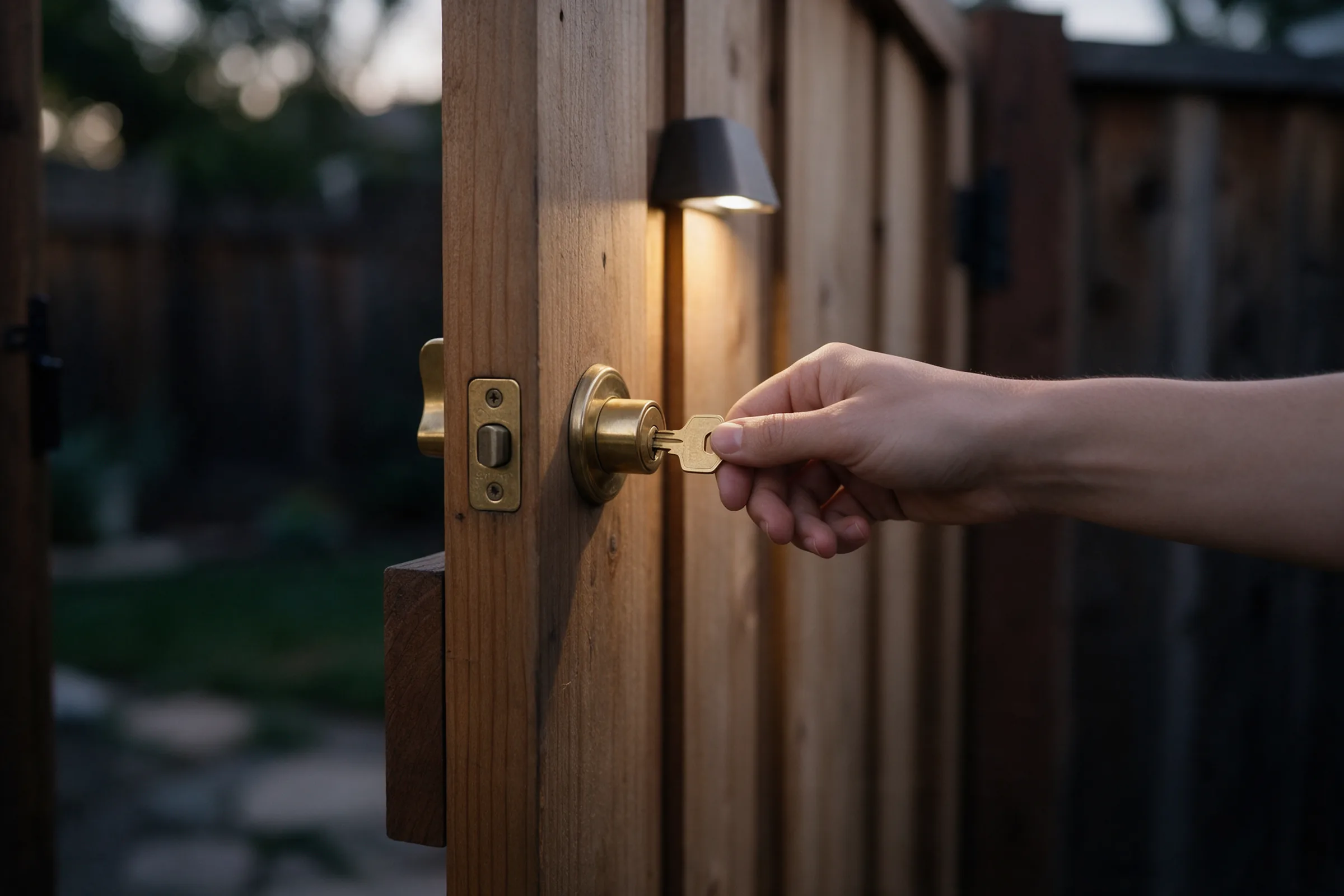 A hand turning a freshly cut brass key in the brass latch of a timber side gate, the yard behind it already dark